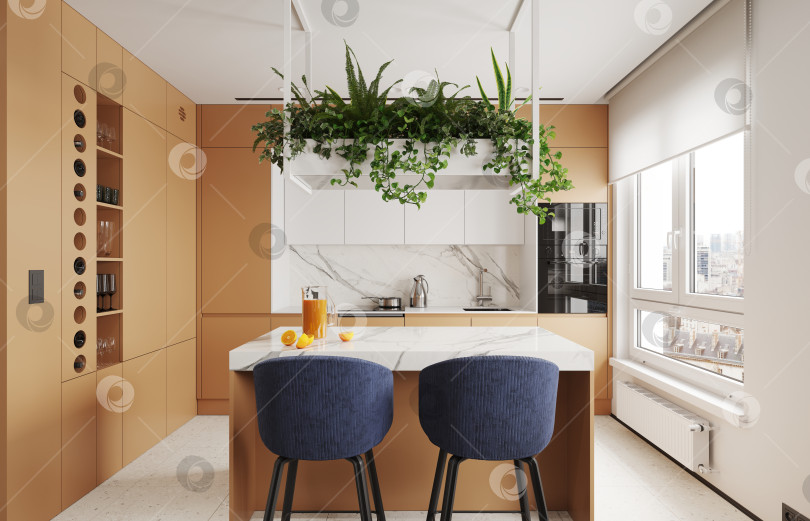 Скачать Современный интерьер кухни с оранжевыми шкафчиками и мраморным островом. 3D-визуализация фотосток Ozero