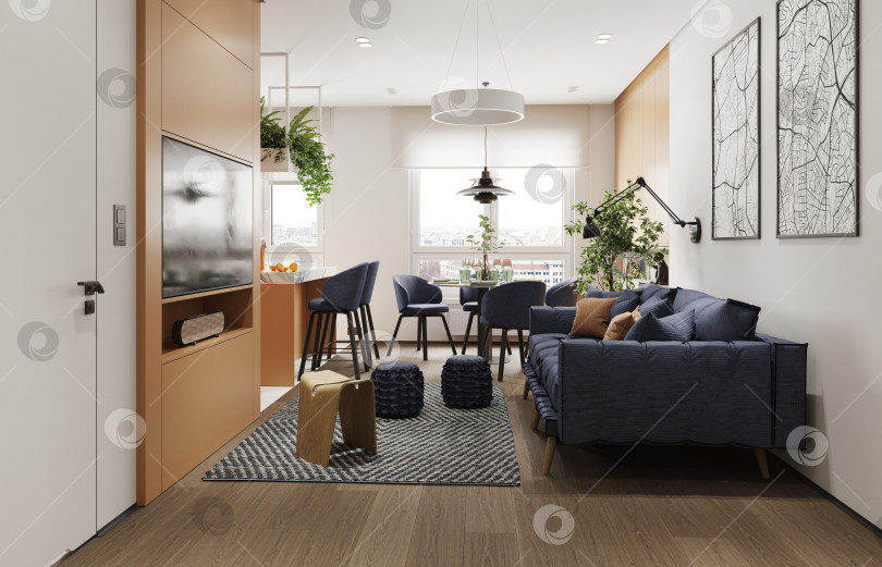 Скачать Современный интерьер гостиной с синим диваном и обеденной зоной. Дизайн квартиры открытой планировки фотосток Ozero