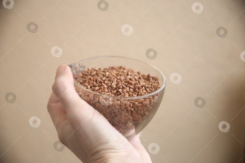 Скачать Женская рука держит миску с сырой гречкой фотосток Ozero