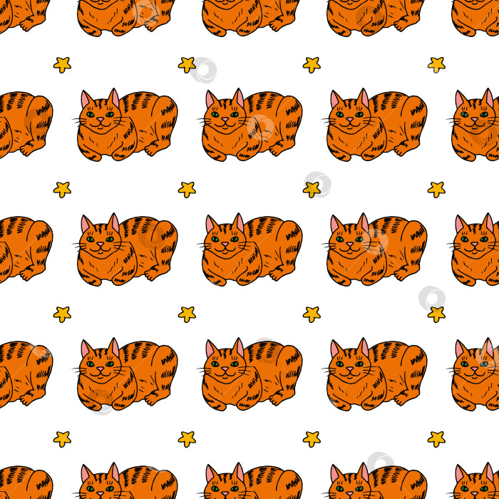 Скачать Бесшовный узор с позитивными оранжевыми кошками и желтыми звездами на белом фоне. Векторное изображение. фотосток Ozero