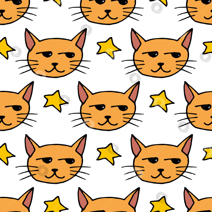 Скачать Бесшовный узор с нарисованными оранжевыми кошками и желтыми звездами на белом фоне. Векторное изображение. фотосток Ozero