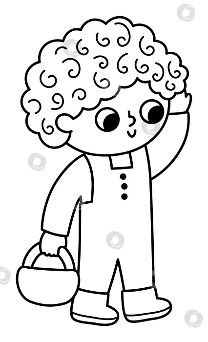 Скачать Мальчик с корзинкой. Векторная концепция охоты за пасхальными яйцами или сбора грибов. Симпатичный черно-белый детский значок. Иллюстрация к весеннему празднику. Лесная местность или лесные дети, раскраска фотосток Ozero