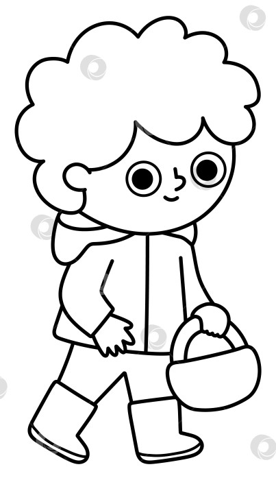 Скачать Мальчик с корзинкой. Векторная концепция охоты за пасхальными яйцами или сбора грибов. Симпатичный черно-белый детский значок. Иллюстрация к весеннему празднику. Клипарт "Лесная местность" или "лесные дети", раскраска фотосток Ozero