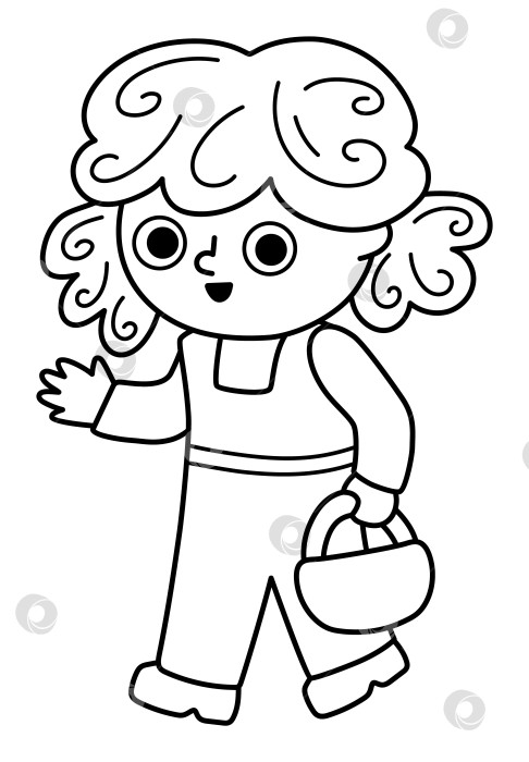 Скачать Девочка с корзинкой. Векторная концепция охоты за пасхальными яйцами. Симпатичный черно-белый детский значок. Иллюстрация к весеннему празднику. Раскраска "Счастливые дети". фотосток Ozero