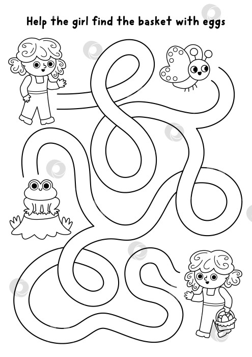 Скачать Пасхальный лабиринт для детей "охота за яйцами", в котором девочка ищет путь к корзине. Черно-белый лабиринт, в котором ребенок ищет яйца. Весеннее праздничное занятие для печати, раскраска с лягушкой и бабочкой. фотосток Ozero