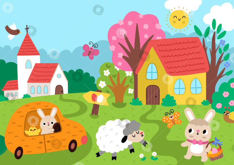 Скачать Векторный пасхальный деревенский пейзаж. Сельская природа с церковью, кролик за рулем автомобиля в форме морковки, овцы, знак охоты за яйцами, цыпленок, цветущие деревья. Горизонтальный фон весеннего праздника или обложка книги для детей фотосток Ozero