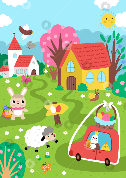Скачать Векторный пейзаж пасхальной деревни. Детализированная сцена сельской природы с церковью, курицей за рулем автомобиля, овцами, знаком охоты за яйцами, цыпленком, цветущими деревьями. Милый вертикальный фон весеннего праздника или обложка книги для детей фотосток Ozero