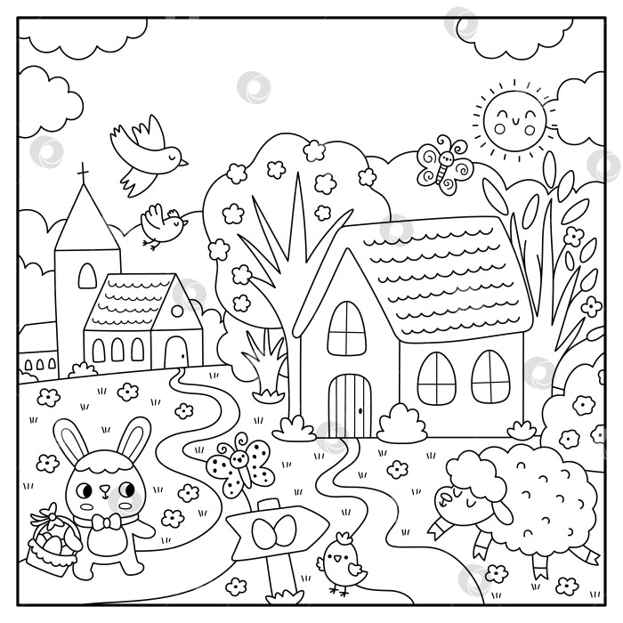 Скачать Векторный черно-белый пасхальный деревенский пейзаж. Детализированная сцена природы с церковью, кроликом с корзинкой, знаком охоты за яйцами, цыпленком, деревьями. Милый фон на площади весеннего праздника, обложка книги для детей фотосток Ozero
