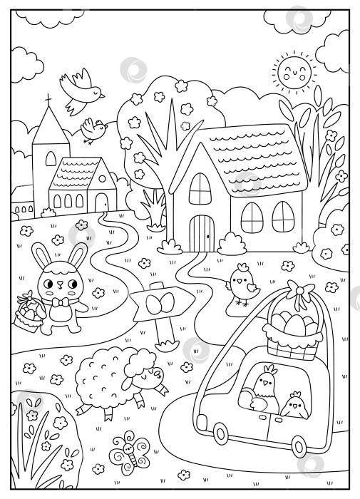 Скачать Векторный черно-белый пасхальный деревенский пейзаж. Пейзаж сельской природы с церковью, курицей за рулем автомобиля, овцами, знаком охоты за яйцами, цыпленком, деревьями. Вертикальный фон весеннего праздника, обложка книги для детей фотосток Ozero