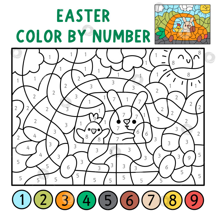 Скачать Векторная пасхальная раскраска по номерам с кроликом, управляющим автомобилем в форме морковки с цыпленком. Весенний черно-белый подсчет, игра в раскраски. Милая раскраска для детей. Рабочий лист для печати в линию фотосток Ozero