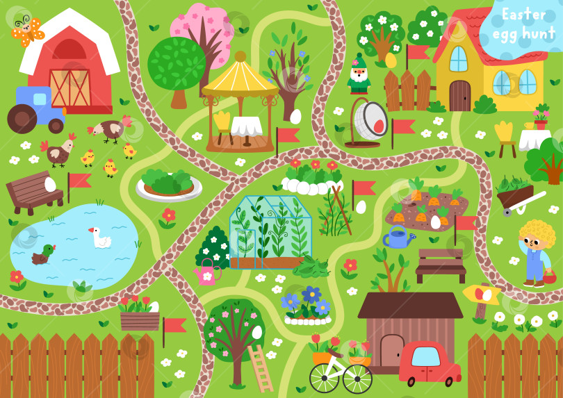 Скачать Векторный фон для охоты за пасхальными яйцами. Симпатичная ландшафтная карта с садом, домом, сараем, деревьями, гаражом, спрятанными цветными яйцами, теплицей, забором. Сцена сельской фермы с тропинкой, на которой ребенок ищет яйца фотосток Ozero