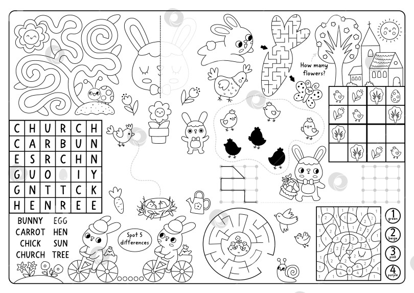 Скачать Черно-белая салфетка в векторном стиле "Пасхальная деревня". Игровой коврик для весенних праздников с лабиринтом, кроссвордом, подбором теней, поиском отличий. Игровой коврик, меню, таблица с детским журналом. фотосток Ozero