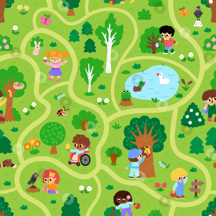 Скачать Векторный фон с повторяющимся изображением охоты за пасхальными яйцами. Симпатичный бесшовный узор с ландшафтной картой с детьми, деревьями, кустами, корзиной, элементами природы. Лесная сцена с тропинкой, дети ищут яйца в лесу фотосток Ozero