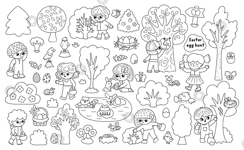 Скачать Набор векторных черно-белых клипартов "Охота за пасхальными яйцами". Коллекция симпатичных детских иконок с деревьями, кустами, насекомыми, корзинками, элементами природы. Раскраска с детьми, которые ищут яйца в лесу фотосток Ozero