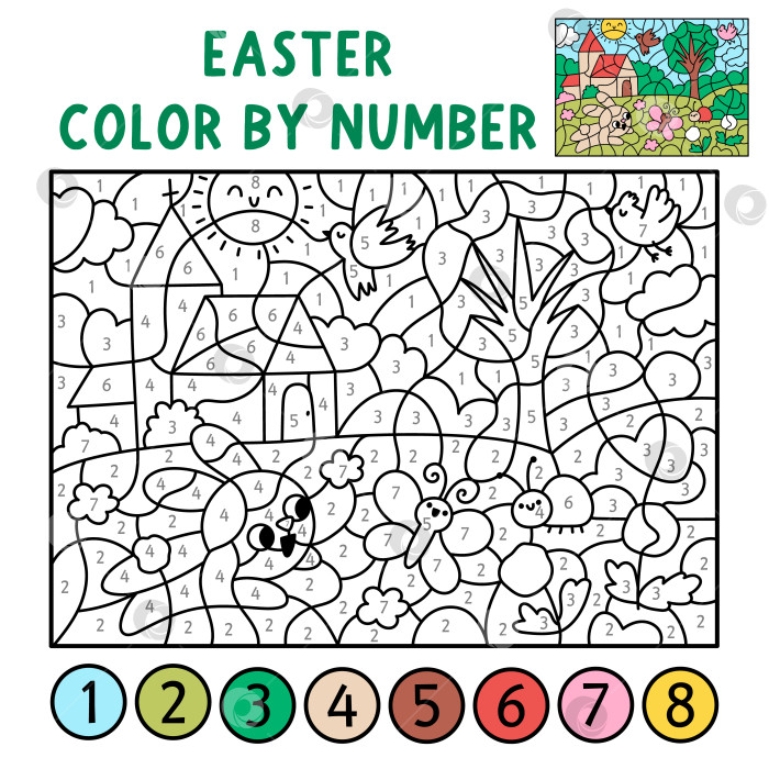 Скачать Векторная пасхальная раскраска по номерам с кроликом, церковью, бабочкой. Весенний черно-белый подсчет, игра в раскраски. Милая раскраска для детей. Рабочий лист для печати в линию с символом праздника фотосток Ozero
