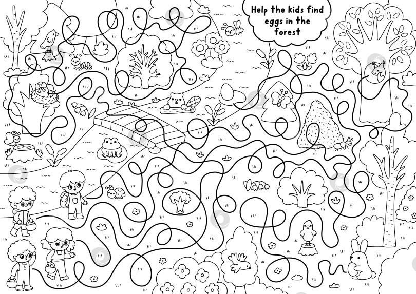 Скачать Игровой лабиринт "Охота за пасхальными яйцами" для детей с изображением леса, мальчиков и девочек с корзинками. Черно-белый лабиринт, в котором дети ищут яйца в лесу. Раскраска "Весенний праздник" фотосток Ozero