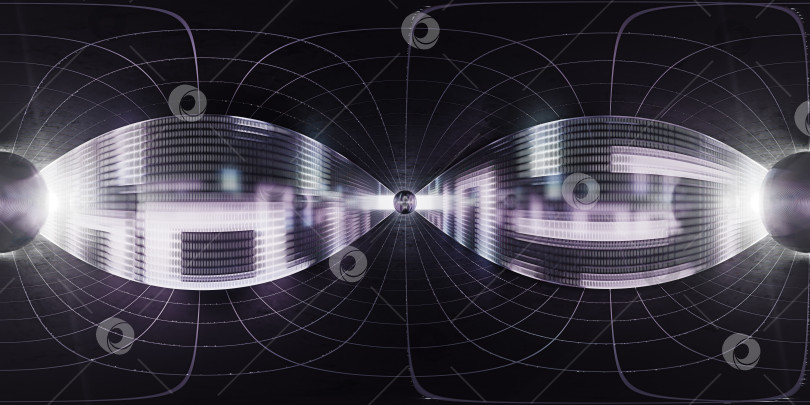 Скачать Полная сферическая панорама в формате hdri на 360 градусов абстрактного научно-фантастического черного туннеля. Червоточина поглощает киберпространство. 3D-портал. Футуристический фэнтезийный туннель в стиле хай-тек. Плиточный пол. 3D-визуализация фотосток Ozero