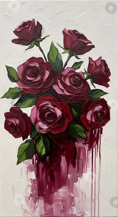 Скачать Букет бордовых роз на белом фоне. Масляная живопись, арт. фотосток Ozero