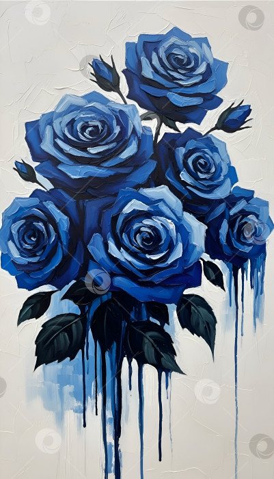 Скачать Букет синих роз с черными листьями на белом фоне. Масляная живопись, арт. фотосток Ozero