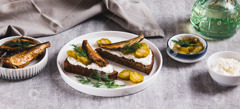 Скачать Бутерброды с рикоттой, солеными огурцами и шпротами на ржаном хлебе на тарелке на столовом веб-баннере фотосток Ozero