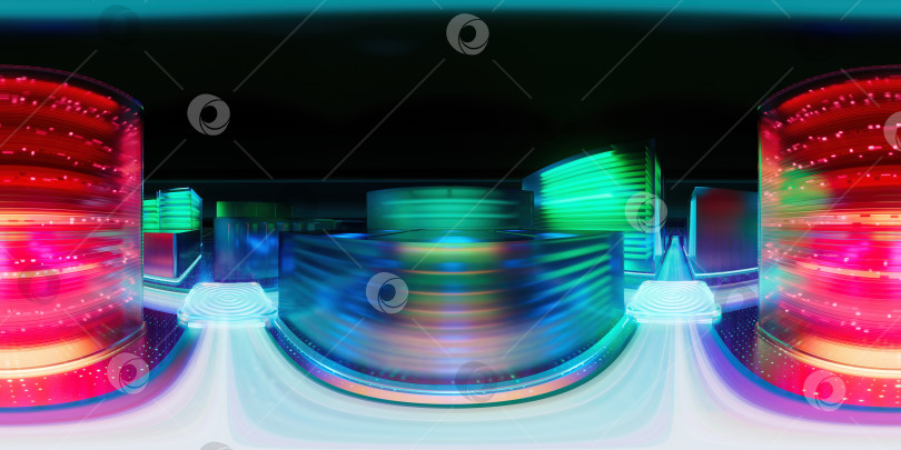 Скачать HDRI. Цифровая инфраструктура. Светящийся неон. Полная сферическая панорама на 360 градусов. Концепция современных высокотехнологичных, научных и футуристических технологий. Абстрактный дизайн в стиле хай-тек. 3D-иллюстрации. фотосток Ozero