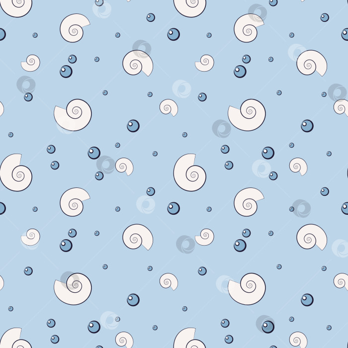 Скачать Бесшовный векторный паттерн с ракушками и пузырями на голубом фоне. фотосток Ozero