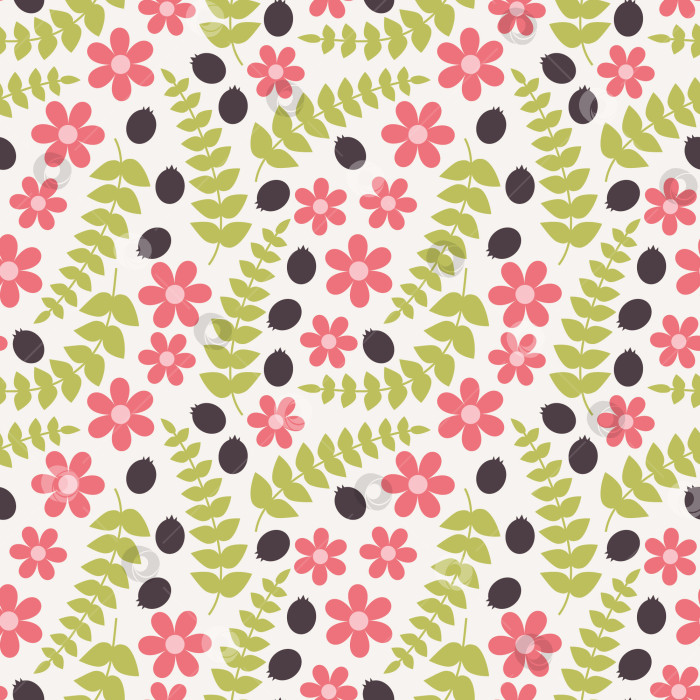 Скачать Бесшовный векторный паттерн с растительным узором. Зеленые веточки с листьями, фиолетовые ягоды и розовые цветы. фотосток Ozero