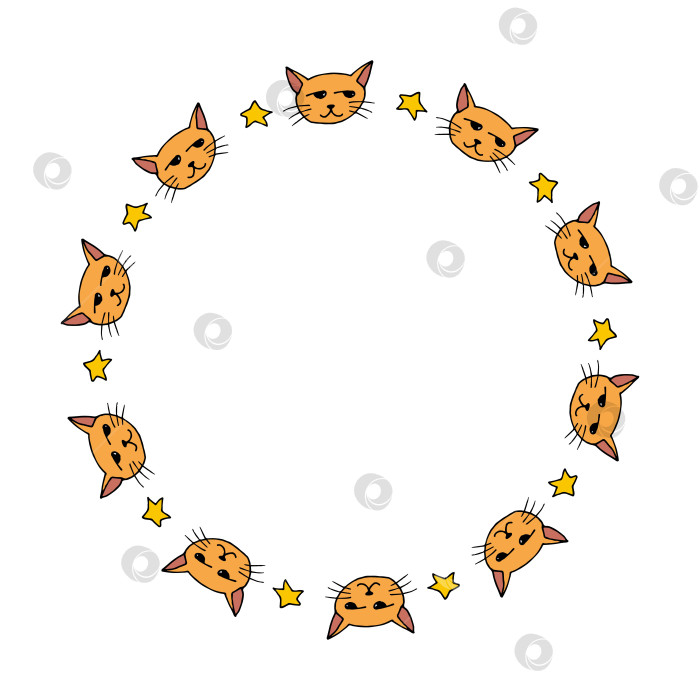 Скачать Круглая рамка с милым оранжевым котом и желтыми звездами на белом фоне. Векторное изображение. фотосток Ozero