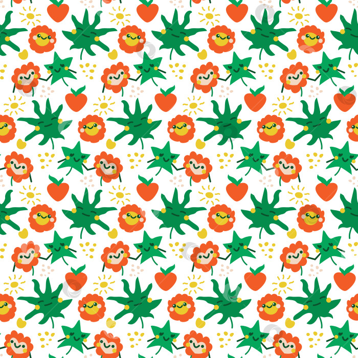 Скачать Узор с веселыми цветами и листочками. Бесшовный милый детский принт. Кавайные растения. Положительный фотосток Ozero