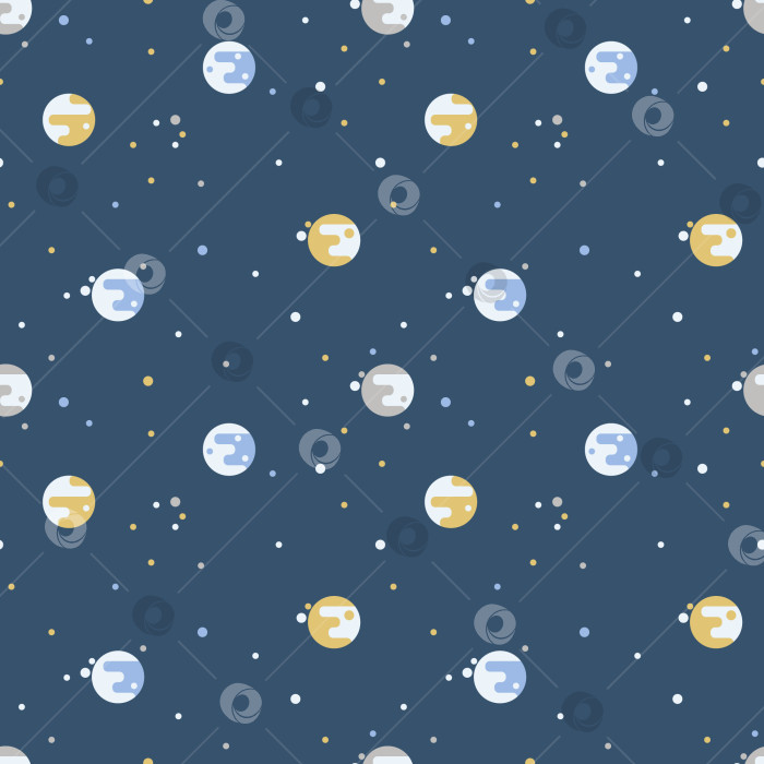 Скачать Бесшовный векторный космический паттерн в плоском стиле. Голубые, серые и желтые планеты в синем небе. фотосток Ozero