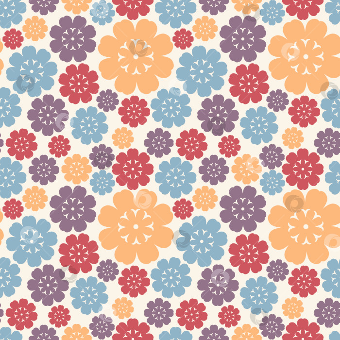 Скачать Бесшовный векторный паттерн с разноцветными цветами. Простой геометричный цветочный фон. фотосток Ozero