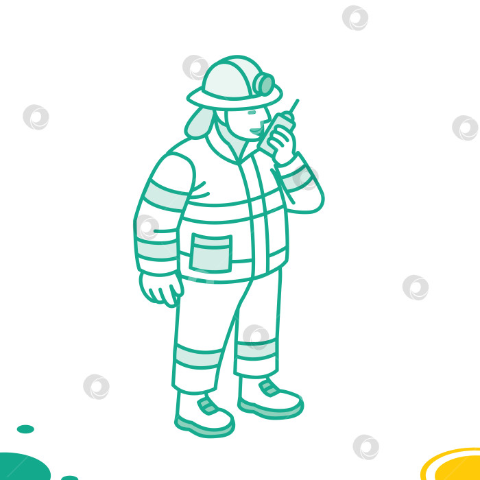 Скачать Пожарный с изометрическими очертаниями использует портативную рацию для связи. Координация действий в чрезвычайных ситуациях, пожарно-спасательная служба и профессиональная служба быстрого реагирования. Мужчина, выделенный на белом фоне. фотосток Ozero