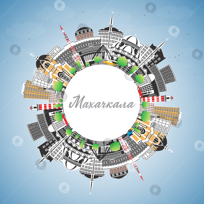 Скачать Махачкала. Россия. Городской пейзаж с цветными зданиями, голубым небом и местом для текста. Иллюстрация. Панорама Махачкалы с достопримечательностями. фотосток Ozero