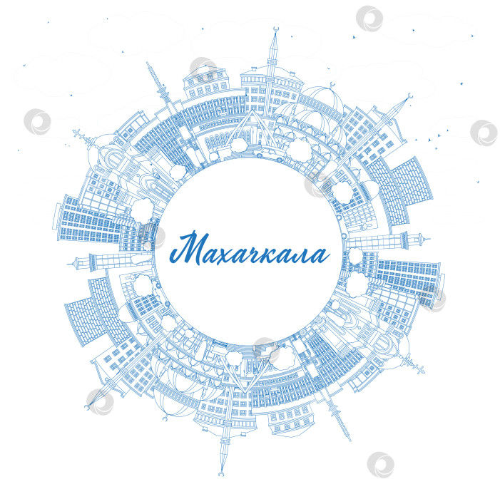 Скачать Махачкала. Россия. Контурная панорама города с голубыми зданиями и местом для текста. Иллюстрация. Панорама Махачкалы с достопримечательностями. фотосток Ozero