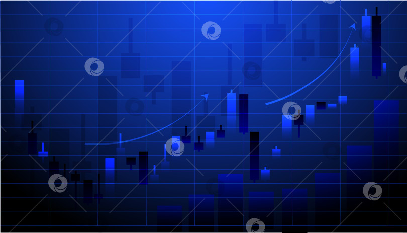 Скачать На торговом графике синими цветами отображены различные свечные модели и тренды. На этой иллюстрации представлены действия, связанные с инвестированием и бизнес-аналитикой в современном контексте фотосток Ozero