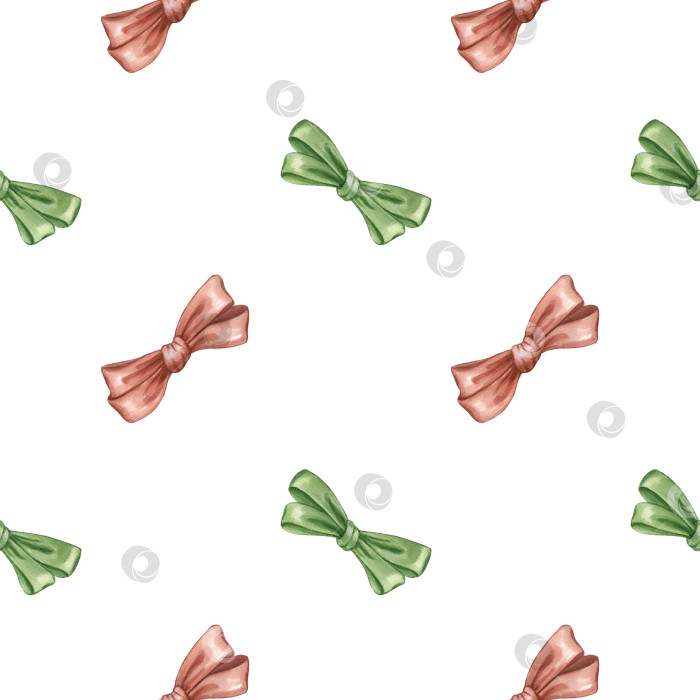 Скачать Бесшовный простой узор с красными и зелеными бантиками, нарисованный вручную акварелью. фотосток Ozero