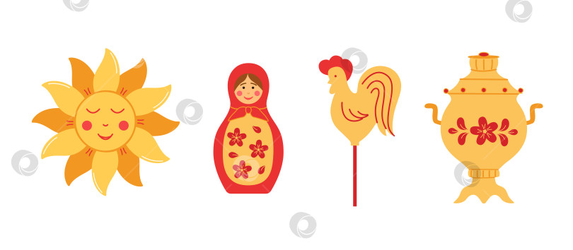Скачать Набор декоративных элементов на тему Великого русского праздника Масленицы. Векторная иллюстрация с изображением самовара, матрешки, солнца и петушка. фотосток Ozero