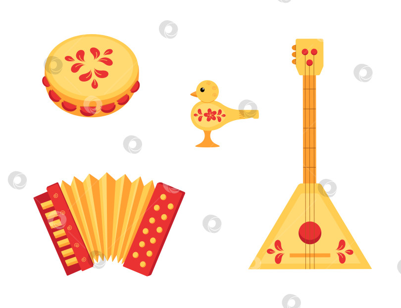 Скачать Музыкальные инструменты: аккордеон, балалайка, бубен и свисток. Русский фольклор, традиционная народная музыка. Мультяшная векторная иллюстрация, изолированный фон. фотосток Ozero