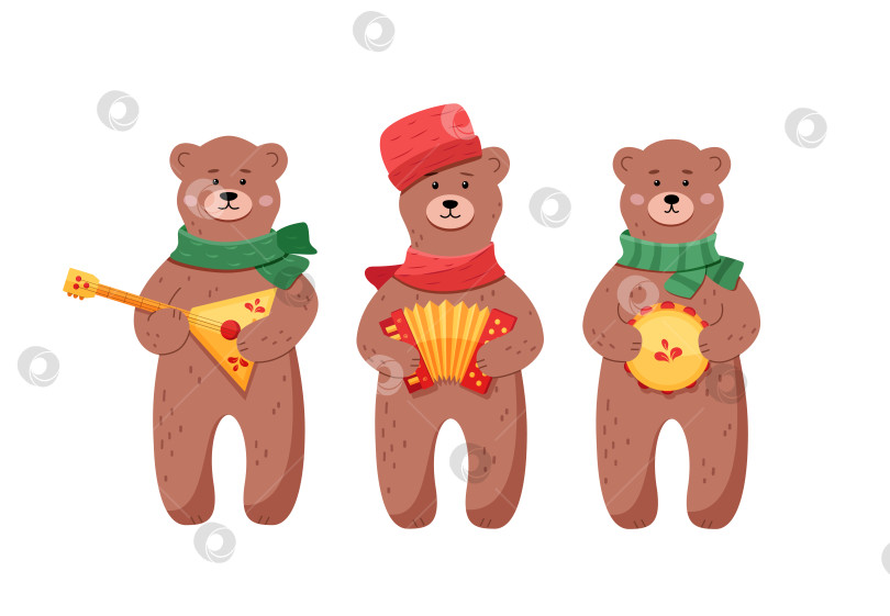 Скачать Забавные медведи с музыкальными инструментами. Концепция праздника Масленица, народных гуляний. Векторная иллюстрация на белом фоне. фотосток Ozero