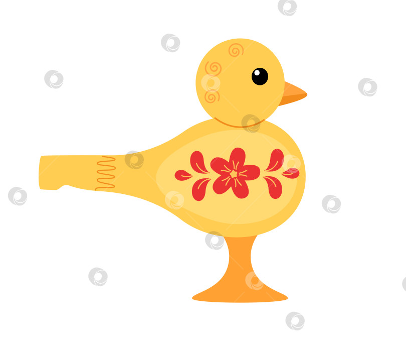 Скачать Свистящий музыкальный инструмент в виде деревянной птицы. Птичий свист - русская традиционная народная флейта. Векторная мультипликационная иллюстрация на белом фоне. фотосток Ozero