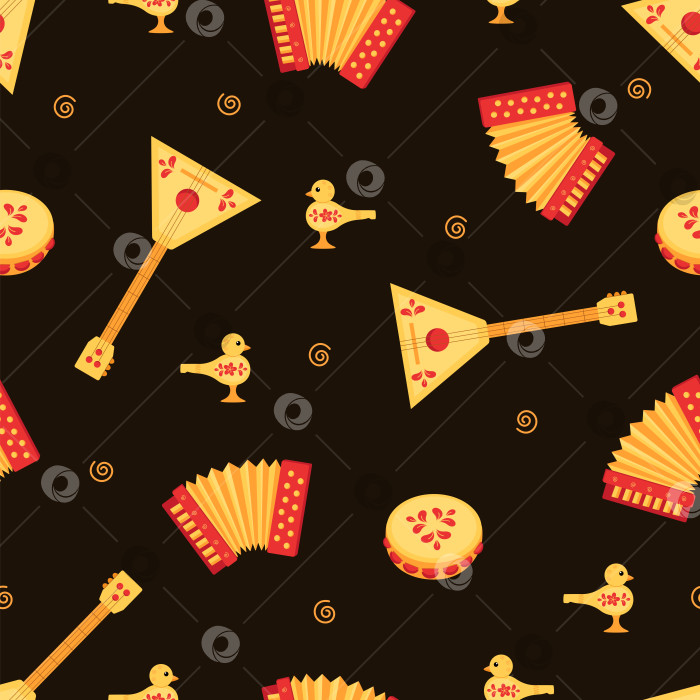 Скачать Музыкальные инструменты с бесшовным рисунком - аккордеон, балалайка, бубен и свисток. Русский фольклор, традиционная народная музыка. Фон с мультяшной векторной иллюстрацией. фотосток Ozero