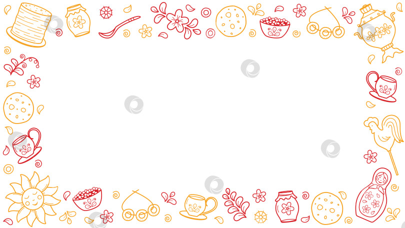 Скачать Обрамите Масленицу традиционным праздником, отмечающим конец зимы. Векторная иллюстрация блинов, самовара, матрешки, солнца, петушка. Масленица или масленичная неделя. фотосток Ozero