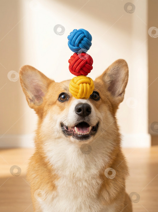 Скачать Счастливая собака корги балансирует стопкой разноцветных веревочных мячей на голове фотосток Ozero