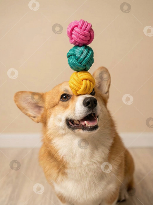 Скачать Счастливая собака корги балансирует стопкой разноцветных веревочных мячей на голове фотосток Ozero