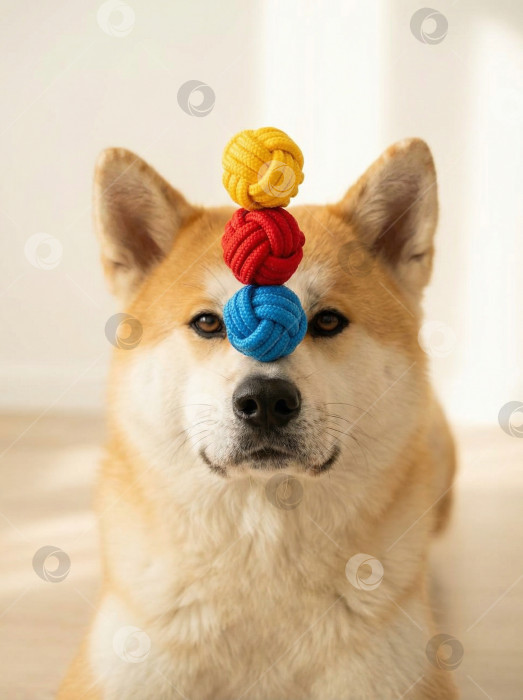 Скачать Спокойная собака акита-ину балансирует стопкой разноцветных веревочных мячей на голове фотосток Ozero