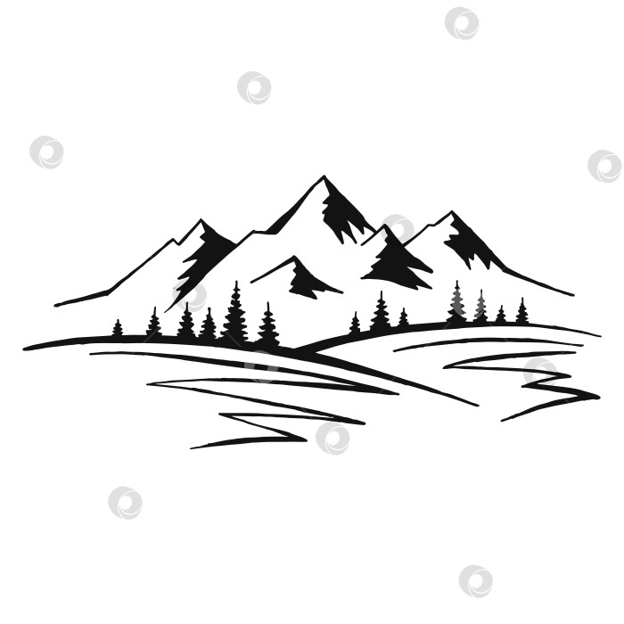 Скачать Гора с соснами и пейзажем, черным по белому. Скалистые вершины, нарисованные от руки в стиле эскиза. фотосток Ozero