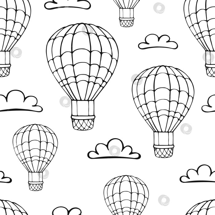 Скачать Бесшовный узор из воздушного шара и облака. Нарисованный от руки контурный рисунок. Векторная иллюстрация. фотосток Ozero