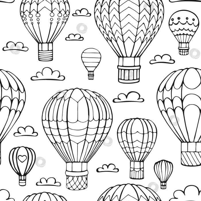 Скачать Бесшовный узор из воздушного шара и облака. Нарисованный от руки контурный рисунок. Векторная иллюстрация. фотосток Ozero