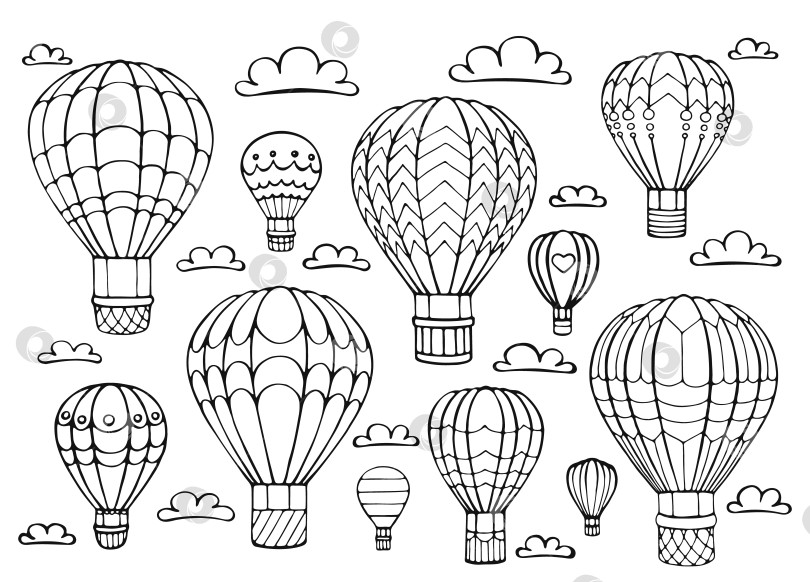 Скачать Воздушный шар и набор облаков. Нарисованный от руки контур. Векторная иллюстрация фотосток Ozero