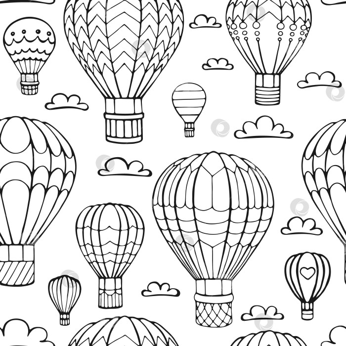 Скачать Бесшовный узор из воздушного шара и облака. Нарисованный от руки контурный рисунок. Векторная иллюстрация. фотосток Ozero